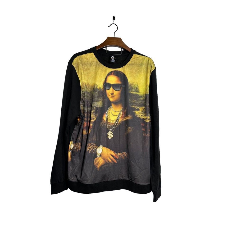Akademiks‎ Dye Sublimation 3D Mona Lisa Black Crewneck Streetwear Hip Hop 5XL